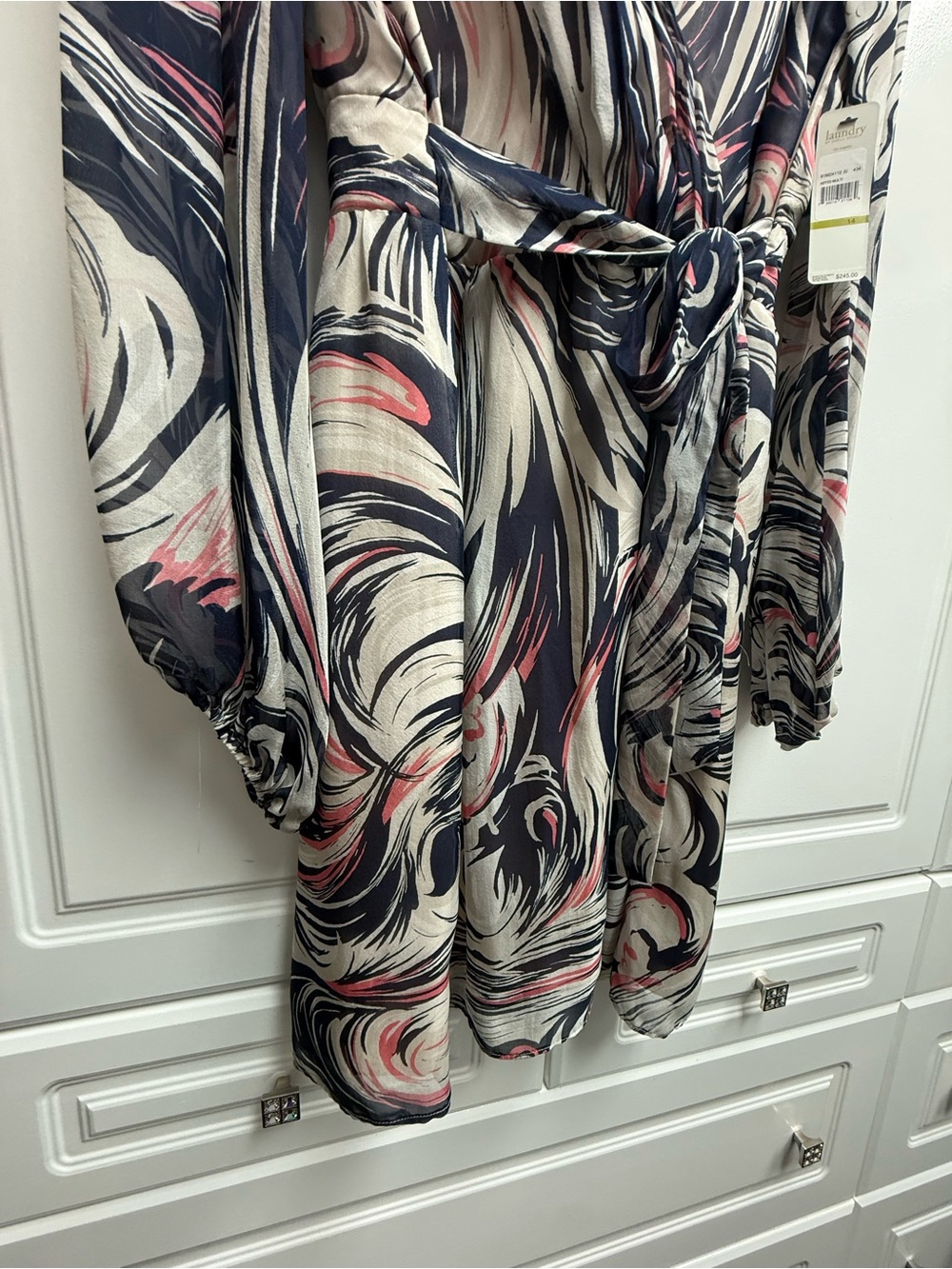 Shelli Segal Navy, Cream & Pink Swirl Wrap Silk Dress - Picture 2 of 6